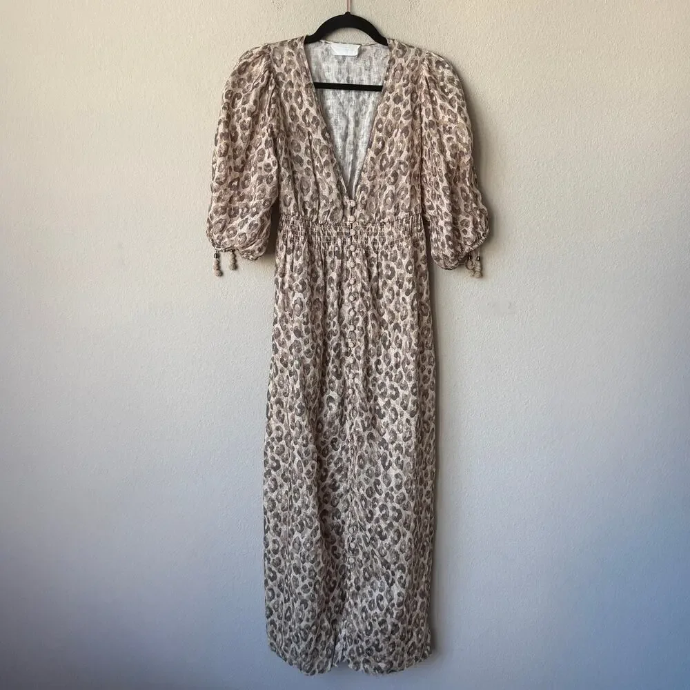 Zimmermann Melody Leopard Print Linen Midi Dress Size 0 - Picture 2 of 5